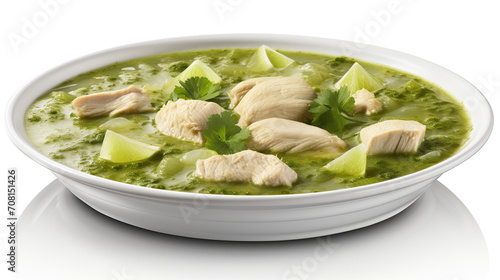A Delicious Bowl of Green Chicken Soup Garnished with Avocado, Fresh Lime and Coriander Leaves, Perfect for a Healthy Meal
