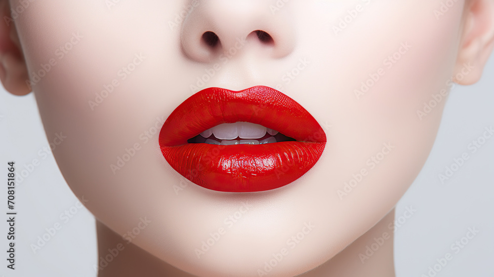 Obraz premium Close up of beautiful female lips with red lipstick on white background. Close-up of female lips with red lipstick . Women's red lips close-up with smooth skin. Beautiful Asian woman with color lips.