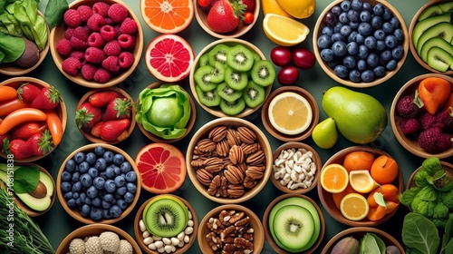 A variety of bright and fresh fruits, berries and nuts, neatly distributed in wooden bowls on a green background. Concept: Healthy food for a diet menu. Vitamins and microelements 