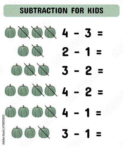 Mathematics children educational game. Study subtraction for kids and toddlers. Worksheet for education