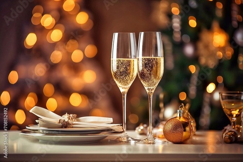 Two glasses of champagne on the table against the background of a Christmas tree