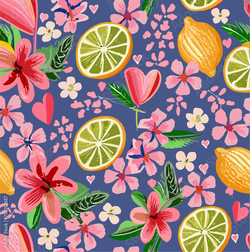 Vector summer pattern with tropical hibiscus flowers, lemon, heart on blue background for Valentine's day. Love. Floral ornament for women clothing, fabric, textile, paper, notepad, card, packaging