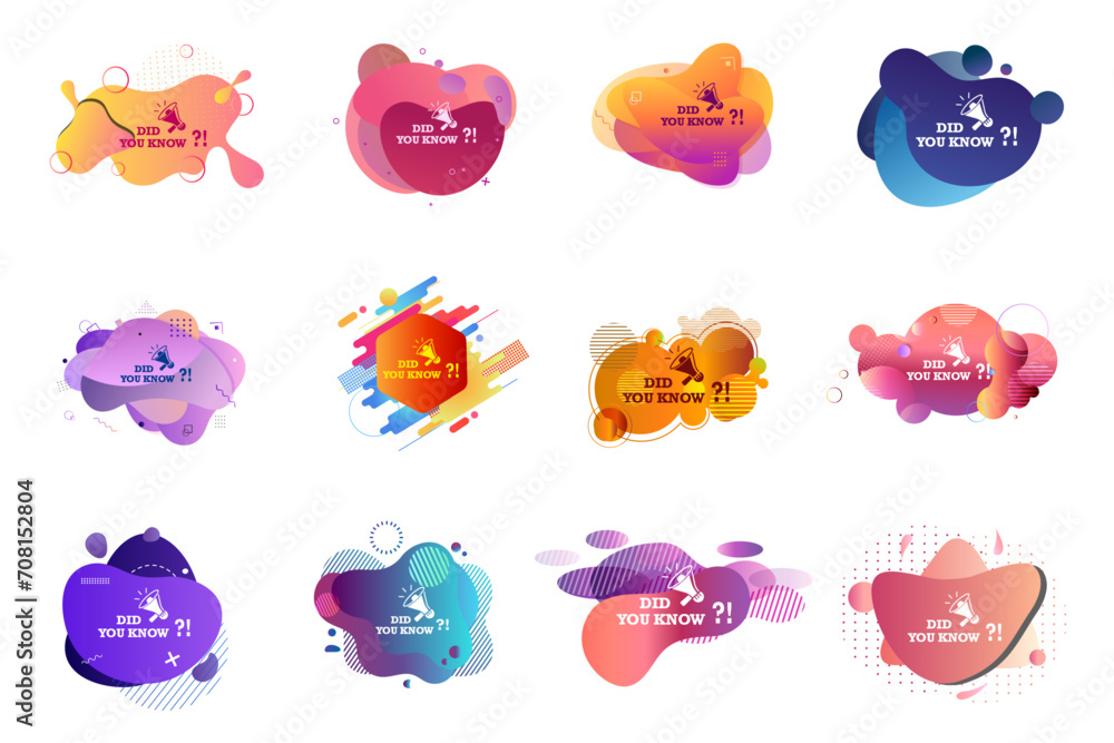 Set of did you know question text on a fluid trendy shape with geometric elements and a megaphone. Vector design banner for curiosity, knowledge, quiz games, trivia, education, advertising, business Set of did you know question text on a fluid trendy shape with geometric elements and a megaphone. Vector design banner for curiosity, knowledge, quiz games, trivia, education, advertising, business