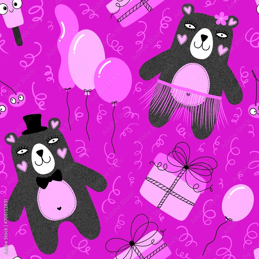 Birthday party cartoon animals seamless bears and balloons and gift pattern for wrapping paper and fabrics