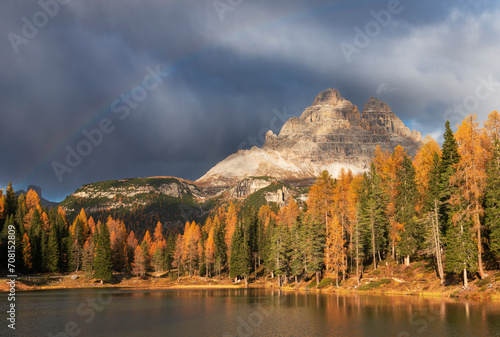 Dolomites, the Lago di Antorno and the Three Peaks of Lavaredo under a nice autumnal light.