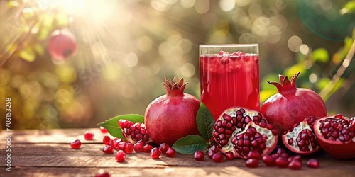 Pomegranates and a glass of juice on a wooden table against the background of a garden