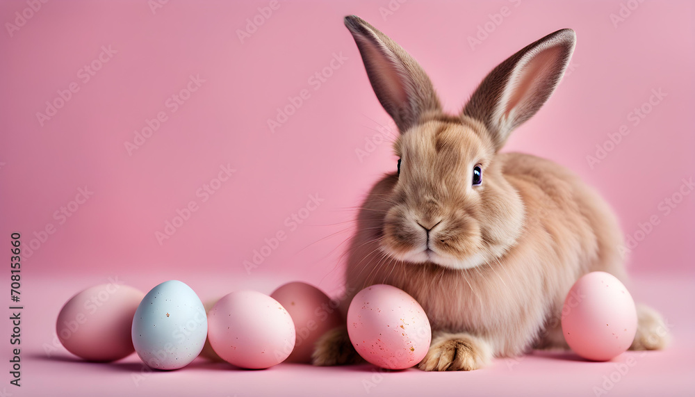 Easter bunny with pink painted eggs on pink background. Easter holiday concept.