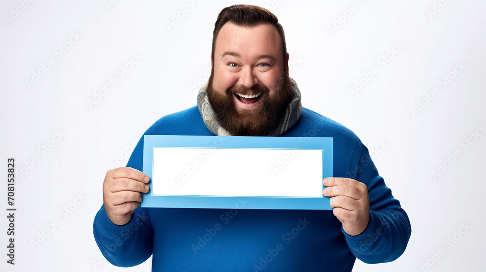 Cheerful bearded man holding a blue frame and looking at the camera. Portrait of a smiling bearded man in blue sweater and scarf holding a blank. Overweight plus size big fat fit man wear blue sweater Cheerful bearded man holding a blue frame and looking at the camera. Portrait of a smiling bearded man in blue sweater and scarf holding a blank. Overweight plus size big fat fit man wear blue sweater