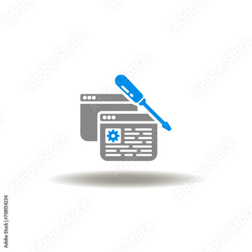 Vector illustration of web pages with gear wheel and screwdriver. Icon of technical documentation. Symbol of CMS Web Development.