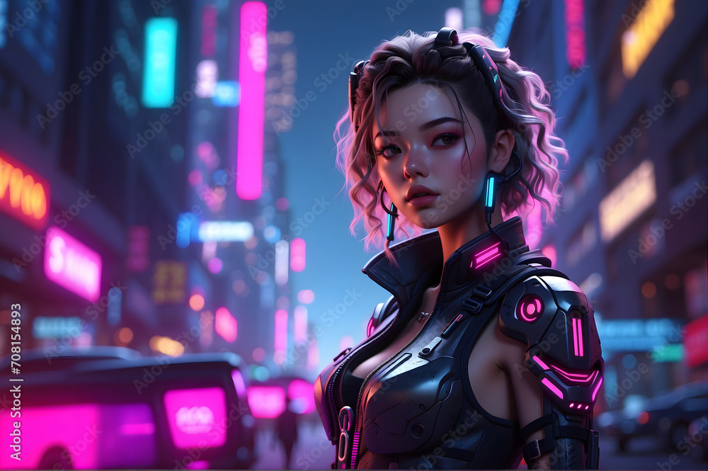 Woman character posing in front a dense cyberpunk city (random character 3)