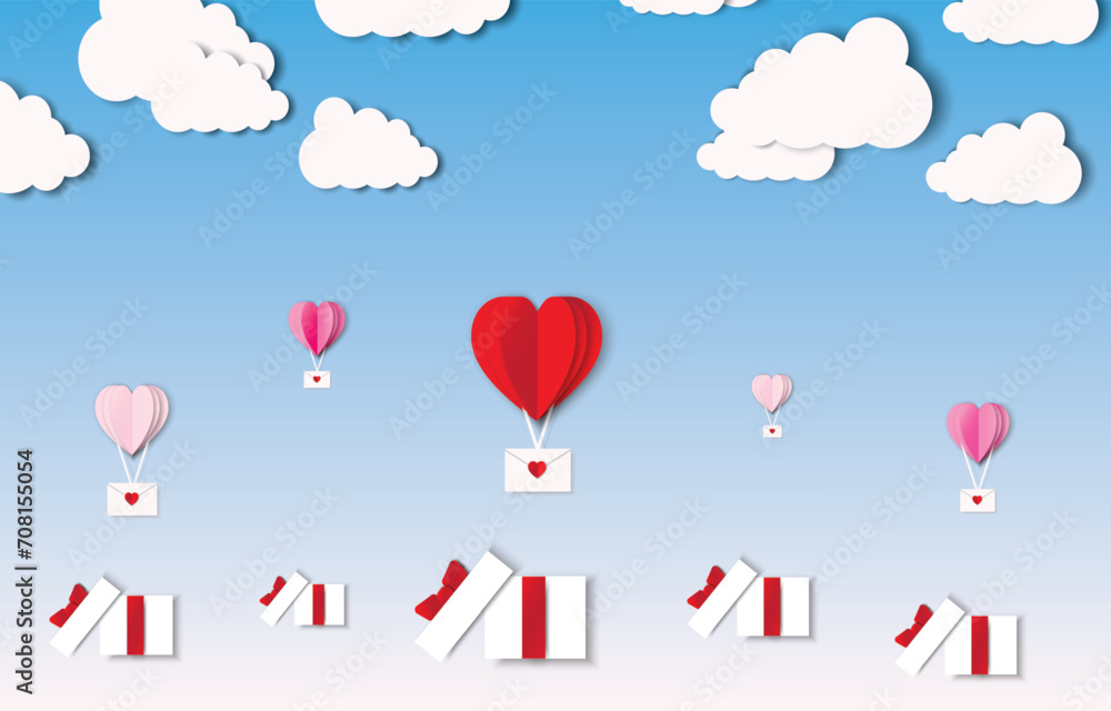 Love invitation card, abstract valentine's day background with clouds, paper cut pink and red hearts. Heart shape balloon and cloud background for poster, sale offer,webbanner,poster,brochure template