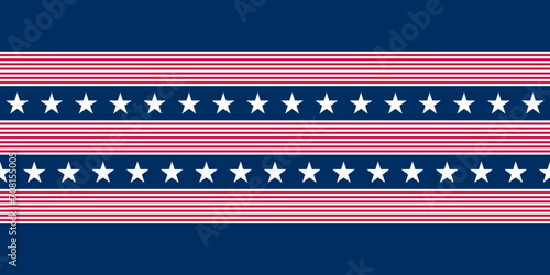 Abstract seamless vector pattern Border with horizontal stripes and white five pointed stars on blue. Independence Day geometric background suitable for prints, decoration, banners and post cards.
