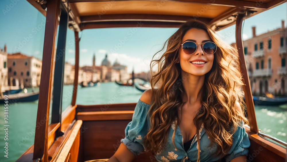 A girl in sunglasses and a sundress rides a gondola in Venice visiting