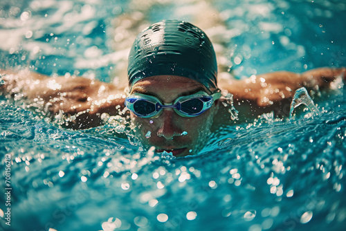 a swimmer,a white man with glasses and a green swimming cap,trains in the pool,prepares for the Summer Olympic Games,close-up,dynamic photography,sports news concept