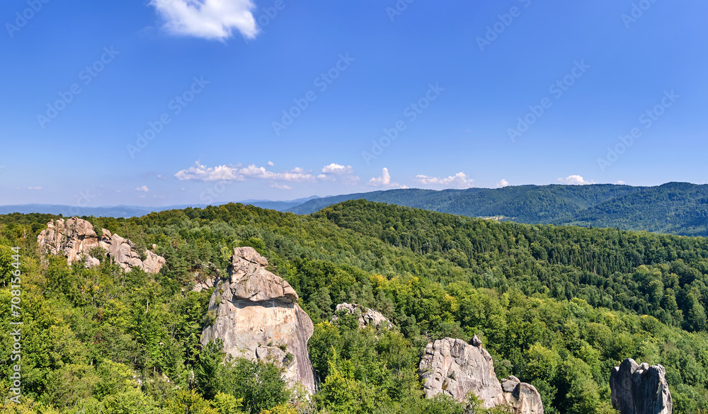 Aerial view of bright landscape with green forest trees and big rocky boulders between dense woods in summer. Beautiful scenery of wild woodland
