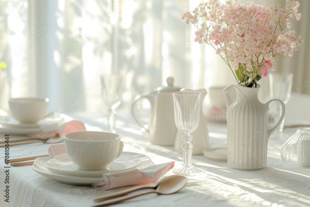 custom made wallpaper toronto digitalWhite indoor dining table day lunch table setup with shades of pink. Generative AI