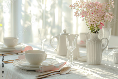 Wallpaper Mural White indoor dining table day lunch table setup with shades of pink. Generative AI Torontodigital.ca