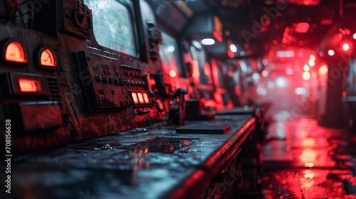 control panel with red lights in a sci-fi spaceship interior