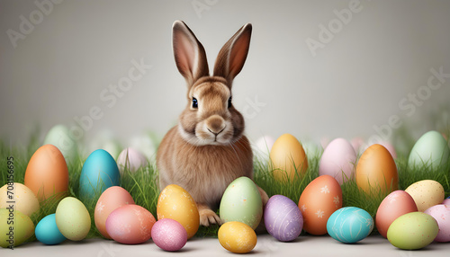 Easter rabbit with painted eggs on clean background. Easter holiday concept.