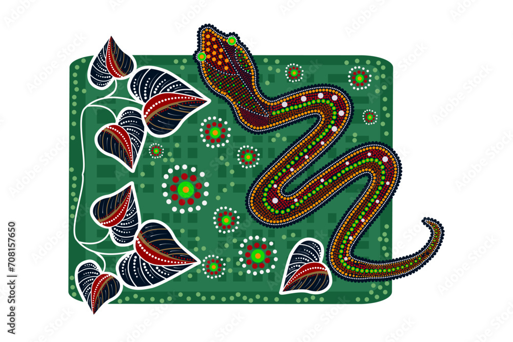 Snake in australian aboriginal style. Serpent and leaves in Australia indigenous aboriginal dots painting art style. Decorative ethnic viper. Aboriginal tribal art craft. Stock vector illustration