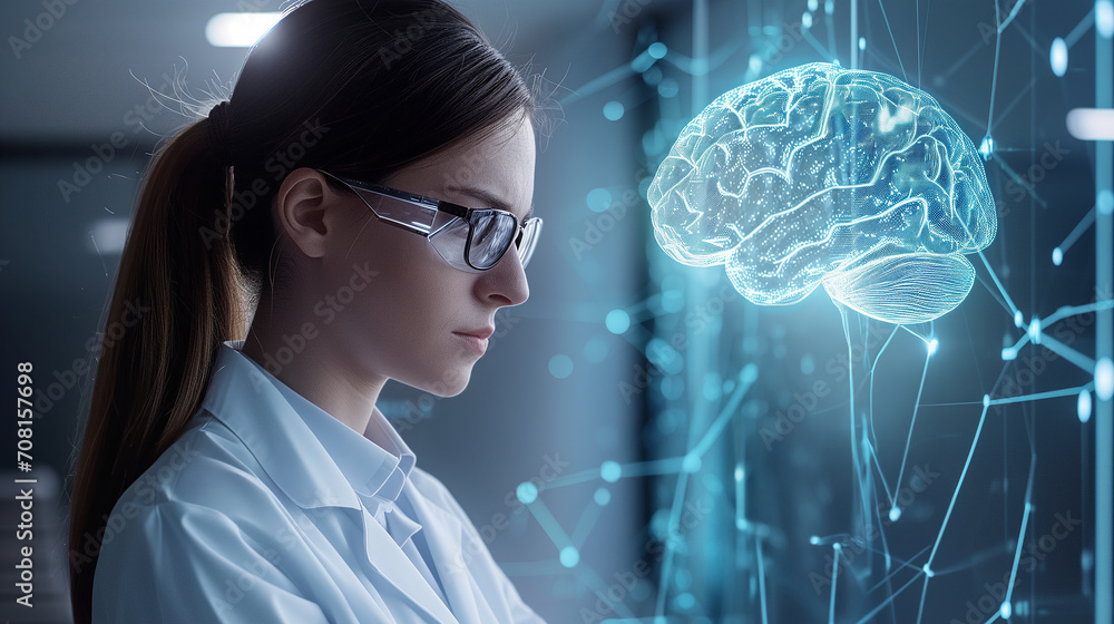 A dedicated woman scientist analyzing 3D hologram of the human brain in a high-tech lab A dedicated woman scientist analyzing 3D hologram of the human brain in a high-tech lab