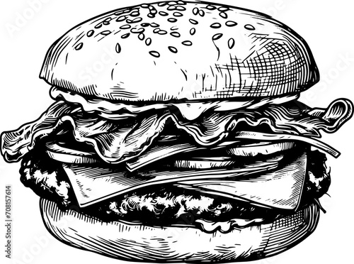 Bacon cheeseburger in hand drawn style. Vector illustration. Design for logo, packaging, fast food counters, shops and stands.

