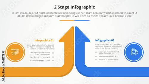 2 points stage template for comparison opposite infographic concept for slide presentation with long arrow bar top direction with flat style photo