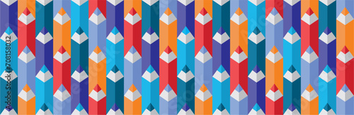 Seamless pattern, colorful with pencils in rows. Panoramic design. Vector illustration.