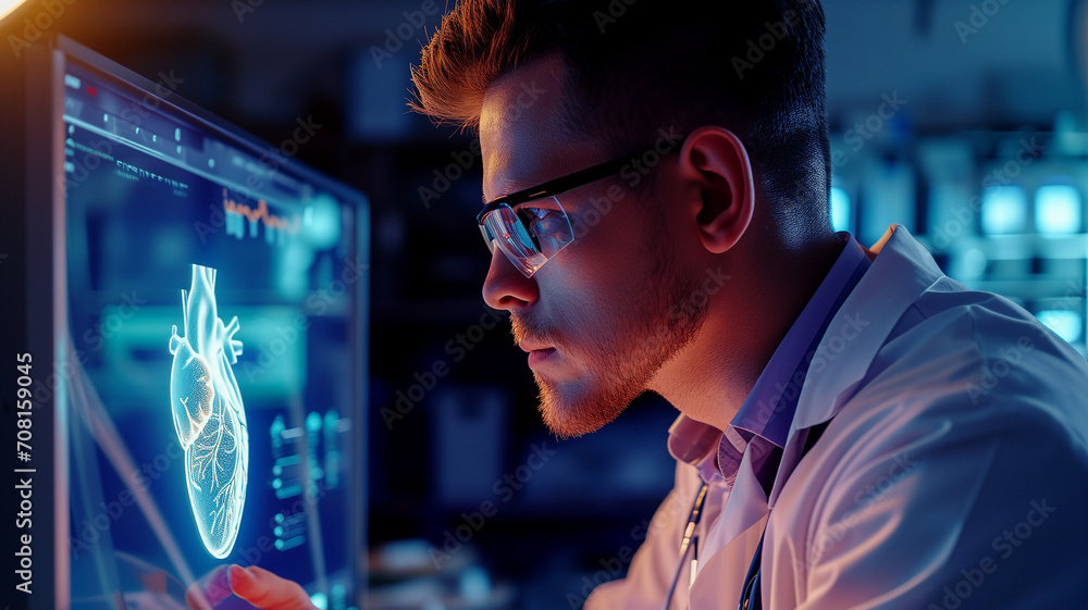 Doctor's commitment to cardiovascular health, seen from behind as he studies digital heart scan Doctor's commitment to cardiovascular health, seen from behind as he studies digital heart scan