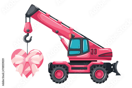 Telescopic crane on wheels cartoon pink color lifting a heart shaped gift box for Valentine's Day. Heavy machinery used in the construction and mining industry