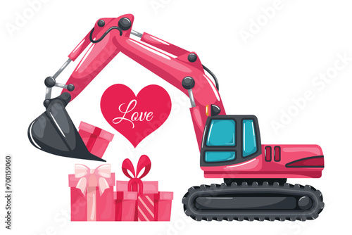 Tracked or crawler excavator loading boxes of gifts for Valentine's Day. Heavy machinery used in the construction and mining industry