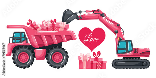 Pink caterpillar excavator cartoon loading boxes gifts to a pink mining truck for Valentine's Day. Heavy machinery used in the construction and mining industry