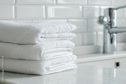 Clean, freshly laundered towels against the backdrop of a modern interior bathroom.