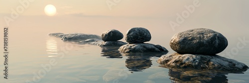 Zen stones in calm water on sunrise.