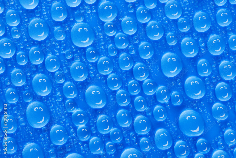 closeup, macro of many water drops, droplets, on a blue surface, background, a smiley face is reflected in every drop closeup, macro of many water drops, droplets, on a blue surface, background, a smiley face is reflected in every drop