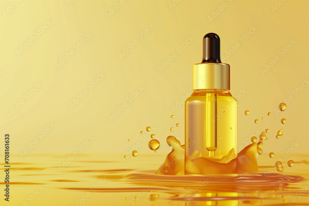 golden facial oil dropper bottle with splash on yellow background golden facial oil dropper bottle with splash on yellow background