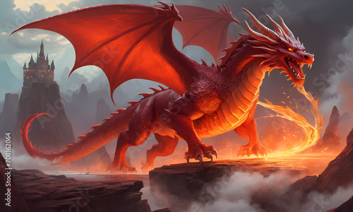 A majestic red dragon soaring through a mystical landscape