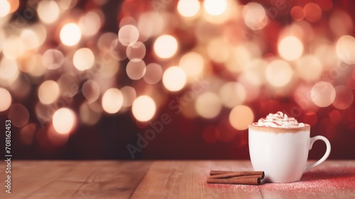 Warm Holiday Comfort  Hot Chocolate with Whipped Cream and Cinnamon Sticks  Horizontal Poster or Sign with Open Empty Copy Space for Text  