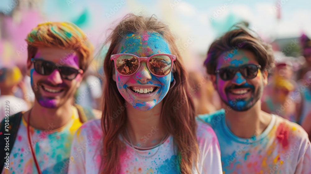 People celebrating Holi festival in India, happy girl tourist and Indian men with faces stained paint and colorful powder pose for photo at party. Concept of color, fun, holiday People celebrating Holi festival in India, happy girl tourist and Indian men with faces stained paint and colorful powder pose for photo at party. Concept of color, fun, holiday