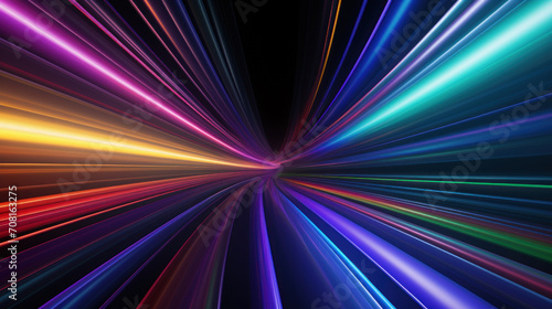 Abstract neon digital lines like tunnel in dark space, perspective of energy motion on black background. Cyberspace with fast light trails. Concept of tech, color, data, speed.