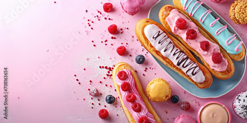 Assorted eclairs on a pastel pink background with copy space. Sweet eclair with cream icing.