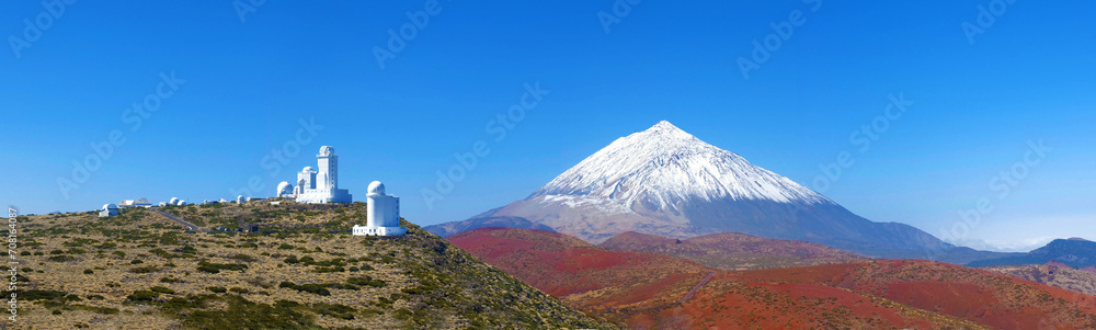 panoramic, panorama  view of  Teide Observatory and Mount Teide, blue sky, fine weather, Tenerife, Canary Islands, Spain, Europe