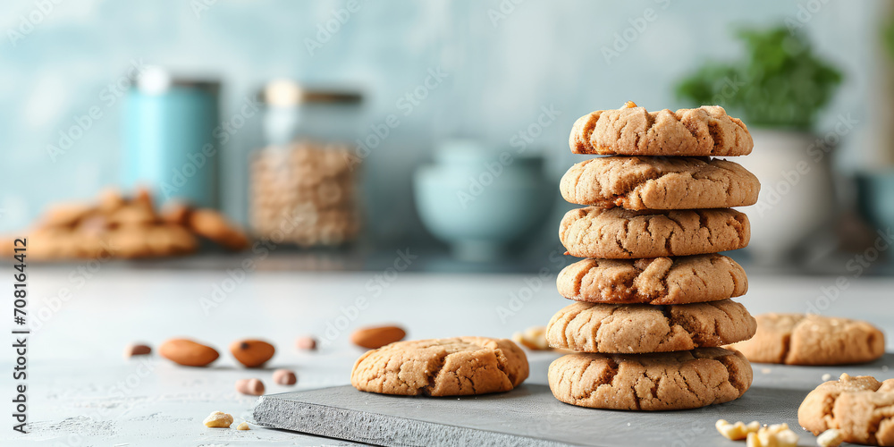 Stack of Peanut Butter Cookies. A stack of crunchy peanut butter cookies on a kitchen counter table in a plate, copy space. - obrazy, fototapety, plakaty 