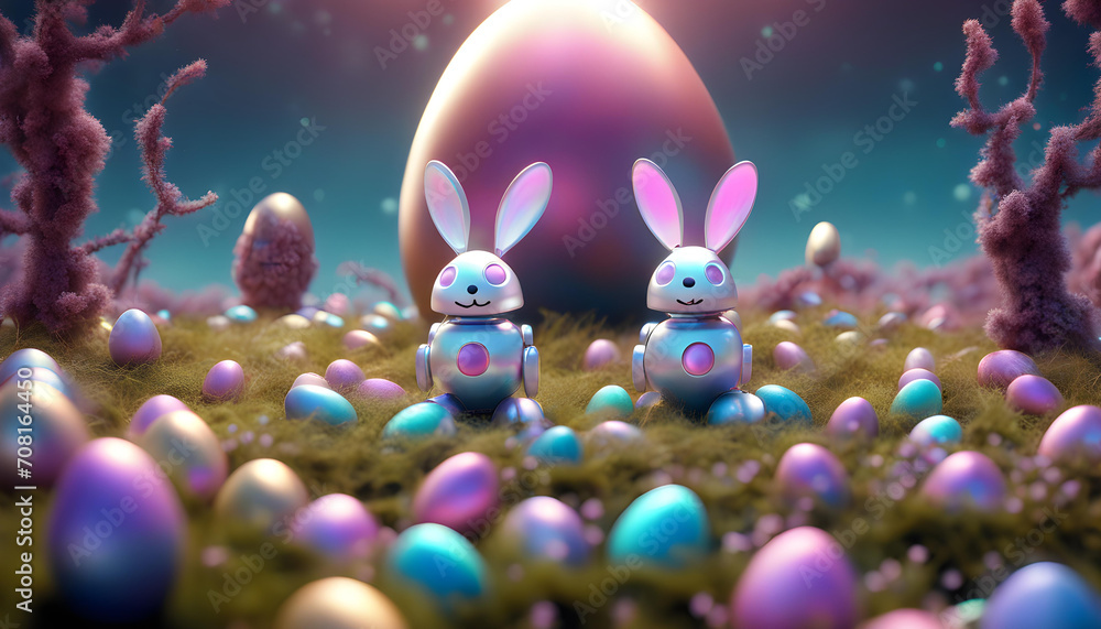 Easter Concept. Cyber-bunny with easter eggs on a easter landscape with copy-space. Easter Concept. Cyber-bunny with easter eggs on a easter landscape with copy-space.