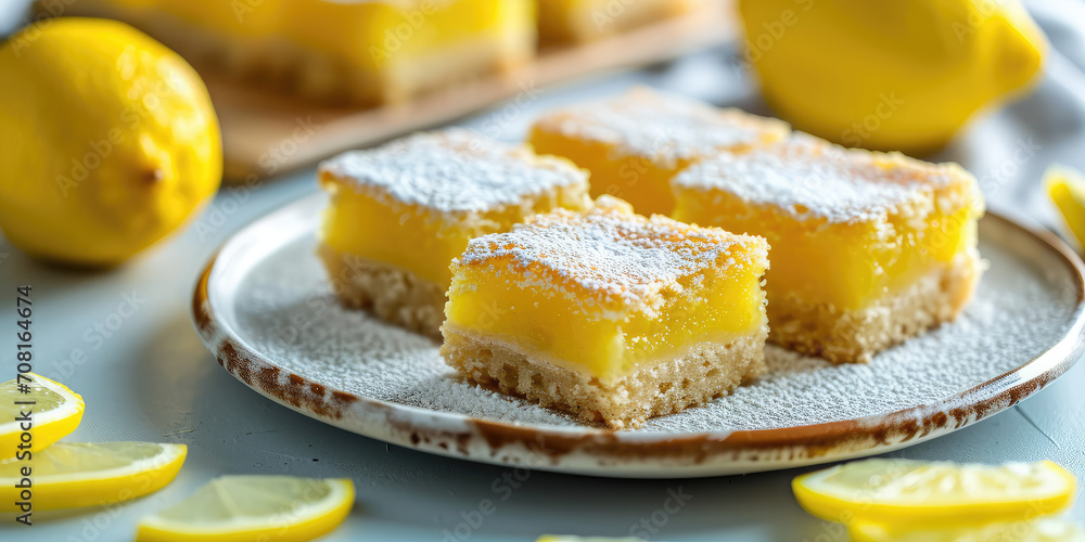 Zesty Lemon Bars dessert. Stack of lemon bars dusted with sugar, lemons, on pink background. Zesty Lemon Bars dessert. Stack of lemon bars dusted with sugar, lemons, on pink background.