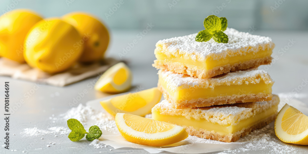 Zesty Lemon Bars dessert. Stack of lemon bars dusted with sugar, lemons, on pink background. Zesty Lemon Bars dessert. Stack of lemon bars dusted with sugar, lemons, on pink background.