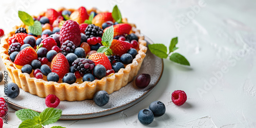 Sumptuous Summer Berry Tart. A tart filled with fresh berries on a marble background with copy space.