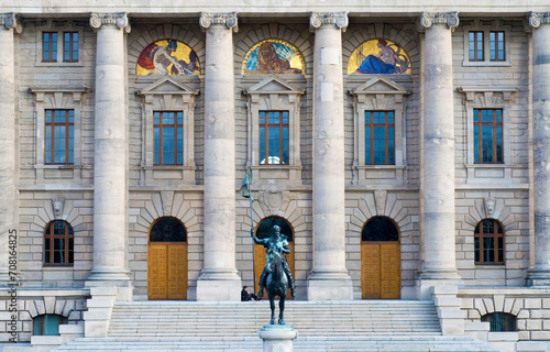 Bayerische Staatskanzlei, Bavarian State Chancellery, Government Building, west side, with Duke of Bavaria Otto I. as knight in Munich, Bavaria, Germany, Europe photo