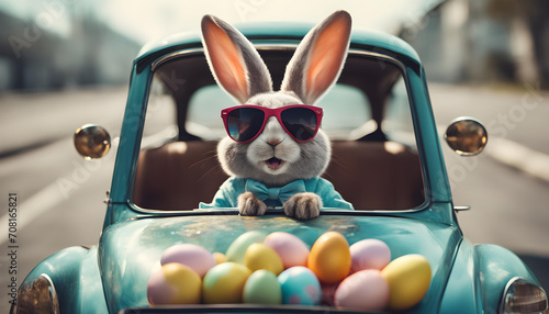 Cool easter bunny in car with colorfull easter eggs.