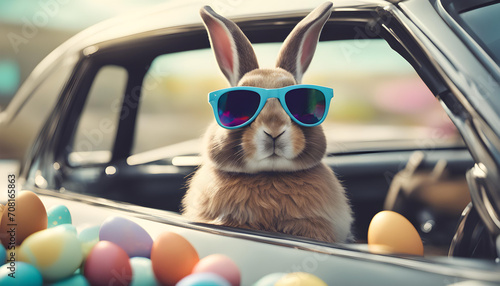 Cool easter bunny in car with colorfull easter eggs.